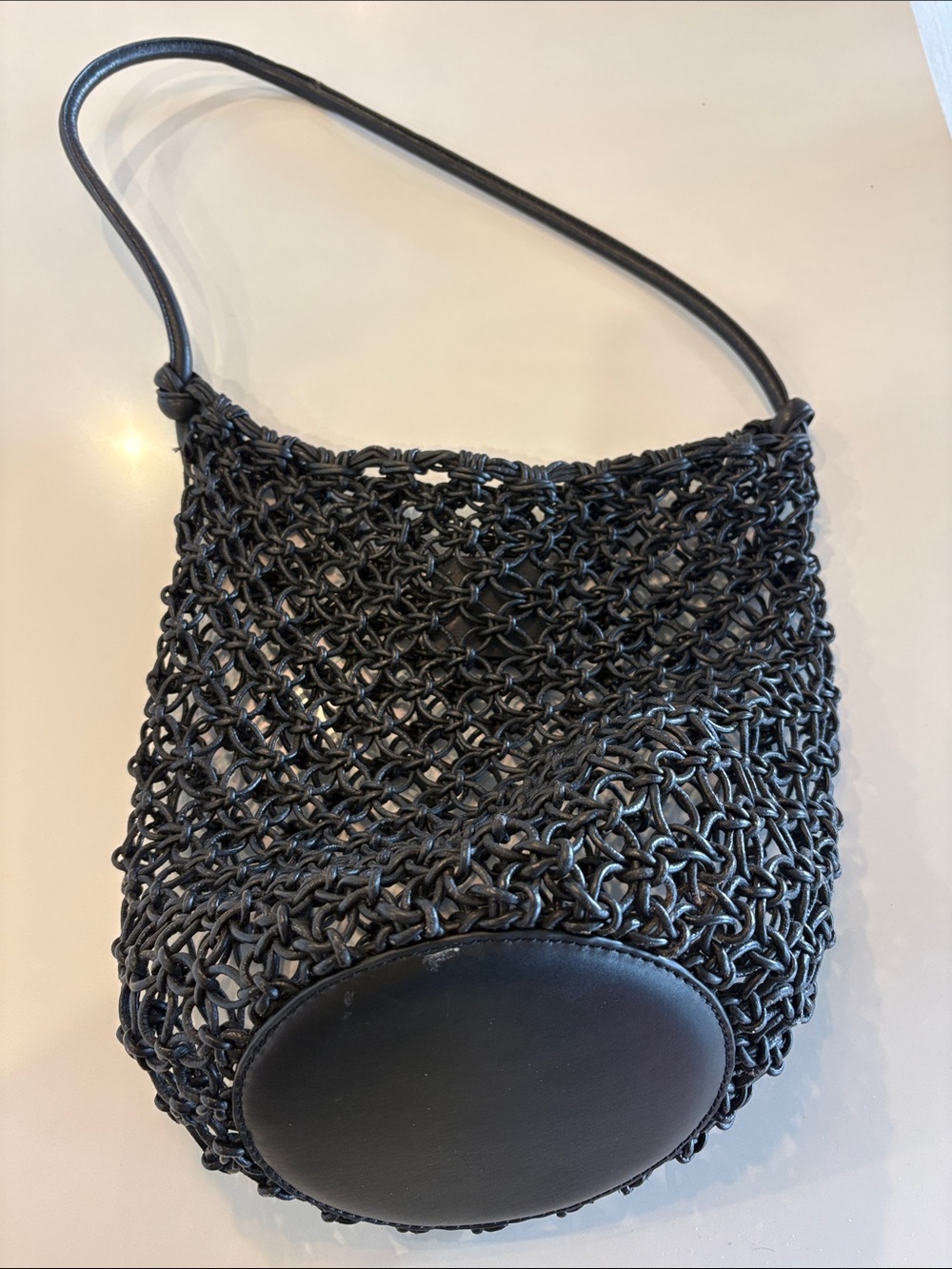 Black Woven Rope Shoulder Bag with Leather Base